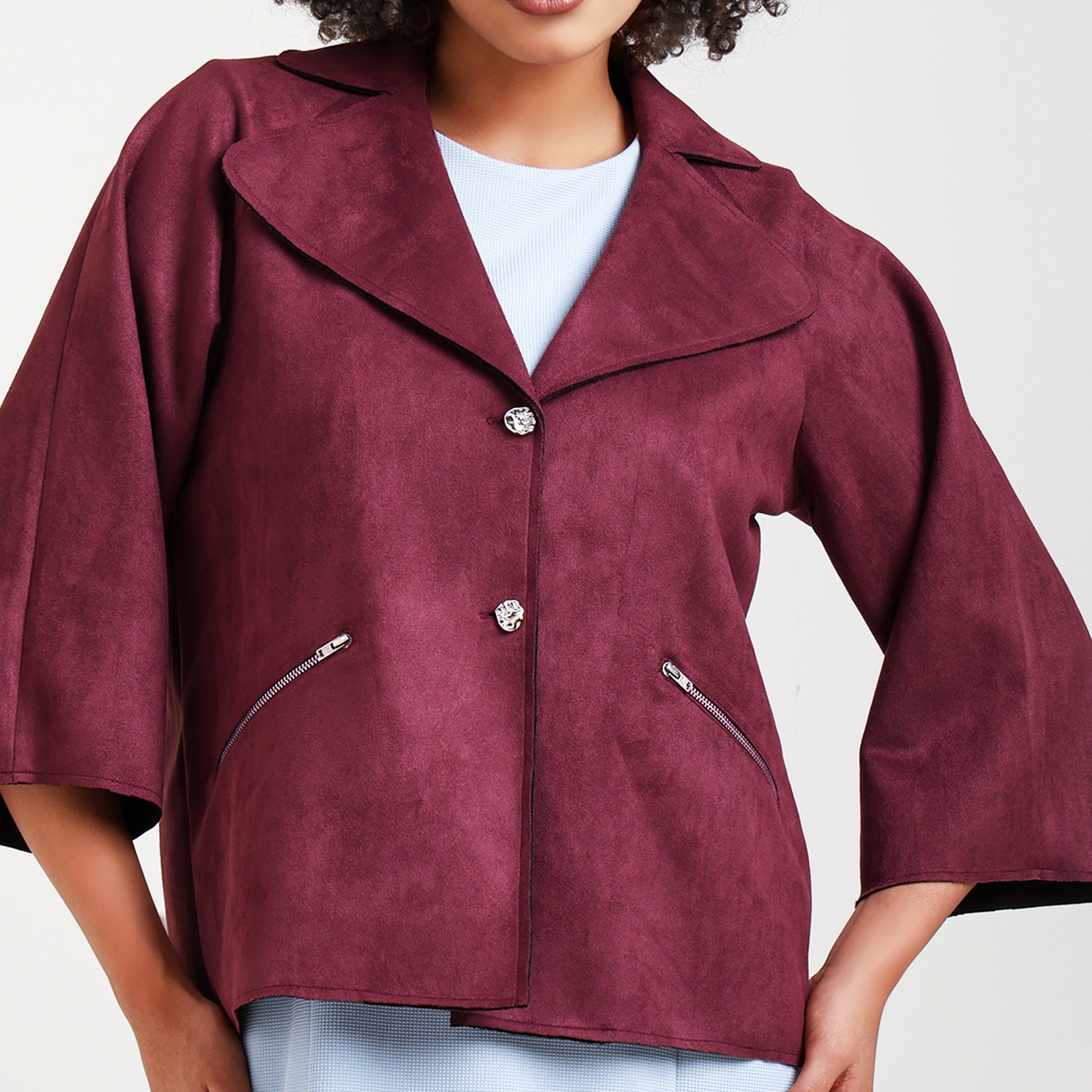 Wine Suede Jacket Bell Sleeve With Metal Silver Zip At Pocket