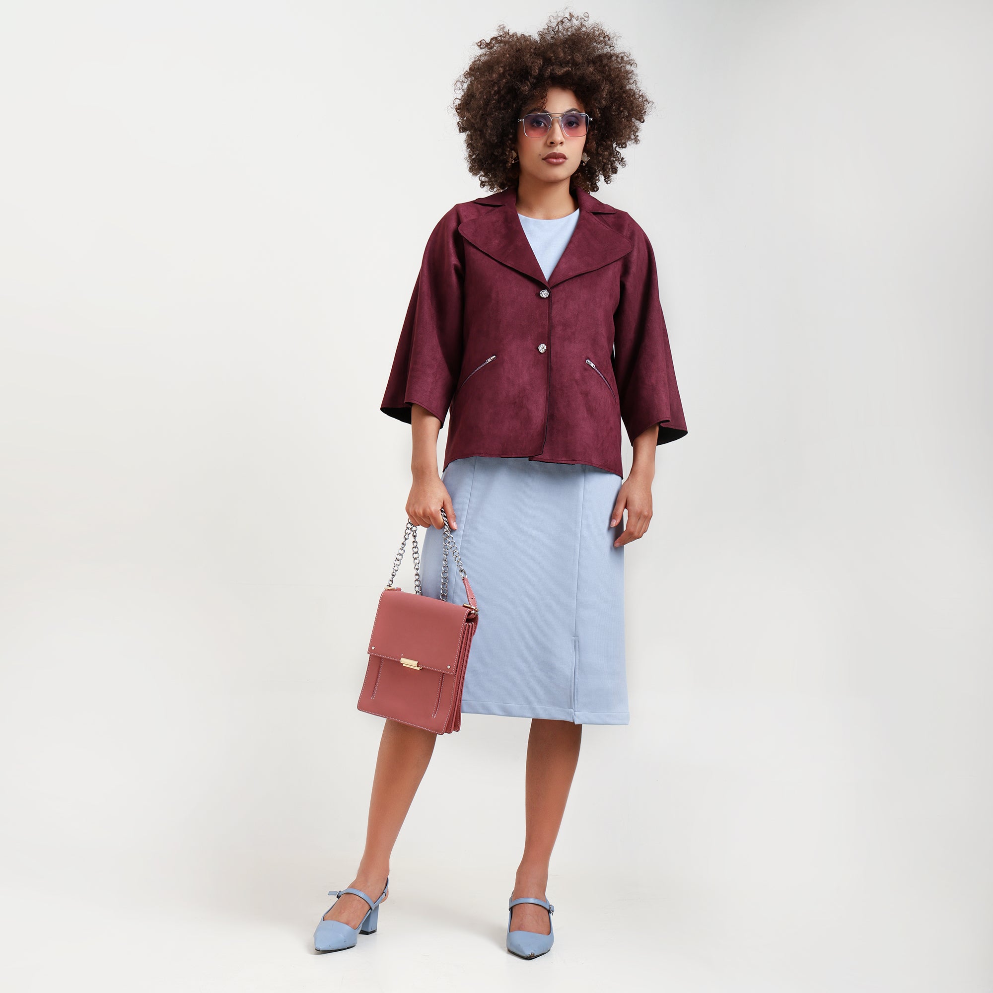 Wine Suede Jacket Bell Sleeve With Metal Silver Zip At Pocket