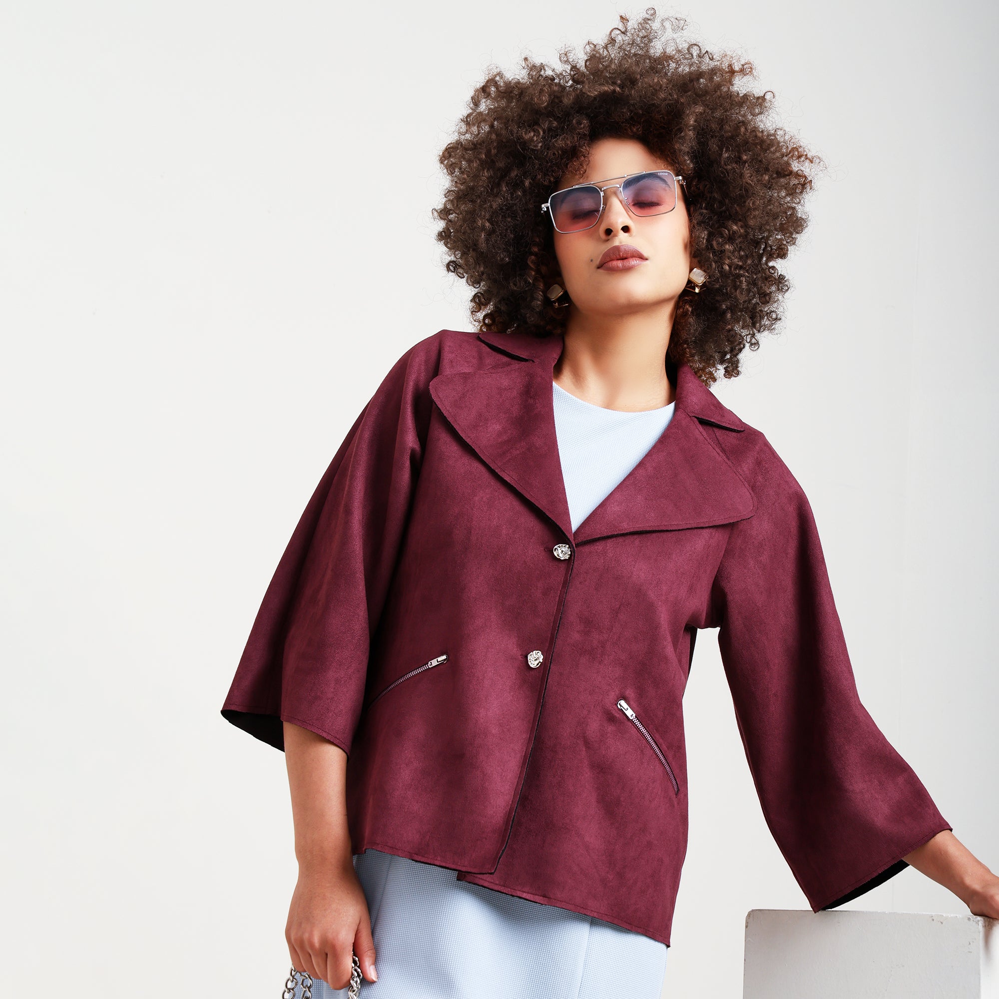 Wine Suede Jacket Bell Sleeve With Metal Silver Zip At Pocket