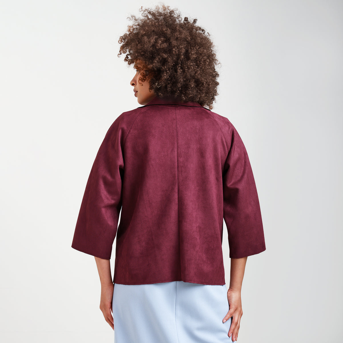 Wine Suede Jacket Bell Sleeve With Metal Silver Zip At Pocket