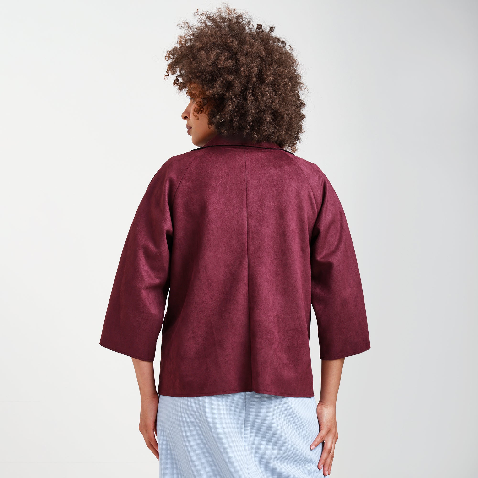 Wine Suede Jacket Bell Sleeve With Metal Silver Zip At Pocket