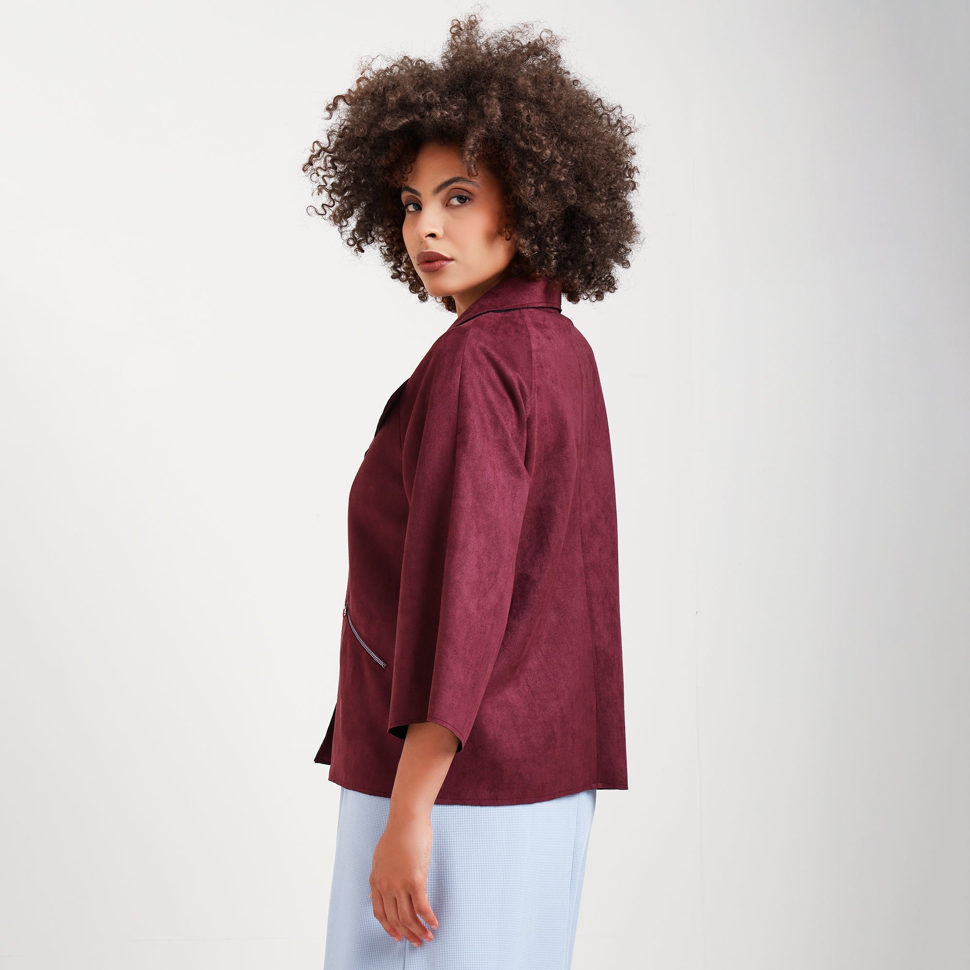 Wine Suede Jacket Bell Sleeve With Metal Silver Zip At Pocket