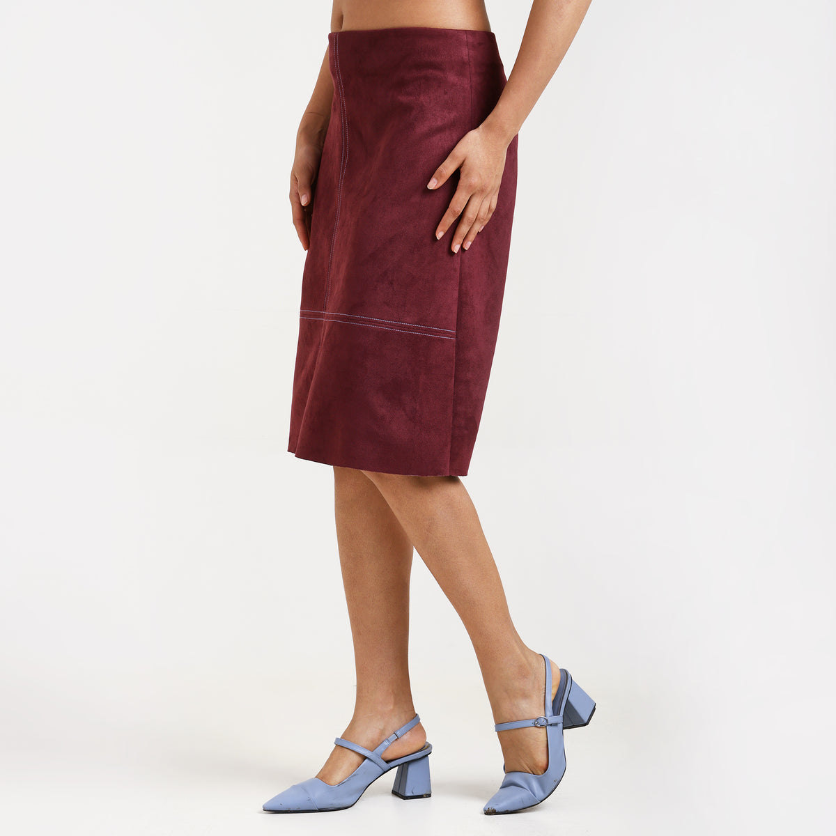 Wine Suede Skirt With Top Stitch