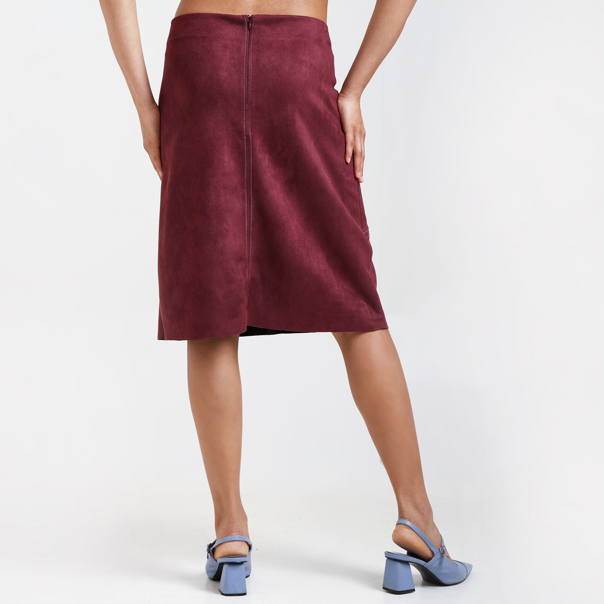 Wine Suede Skirt With Top Stitch