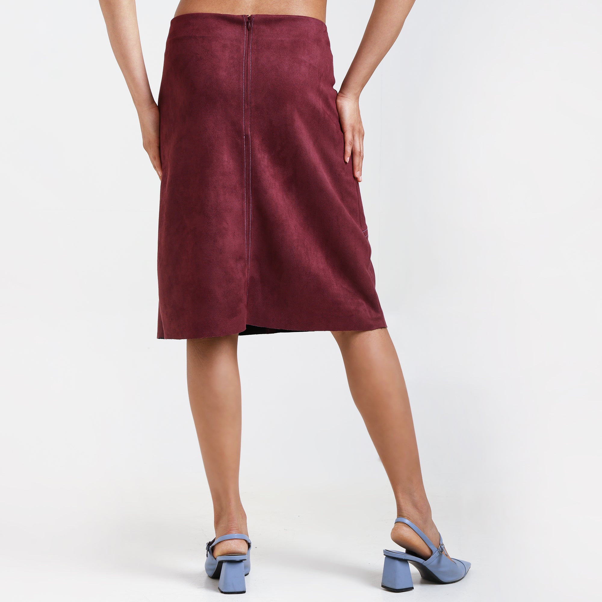 Wine Suede Skirt With Top Stitch
