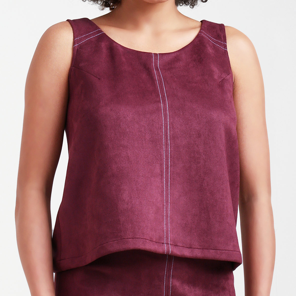 Wine Sleevless Suede Top With Shoulder Top Stitch