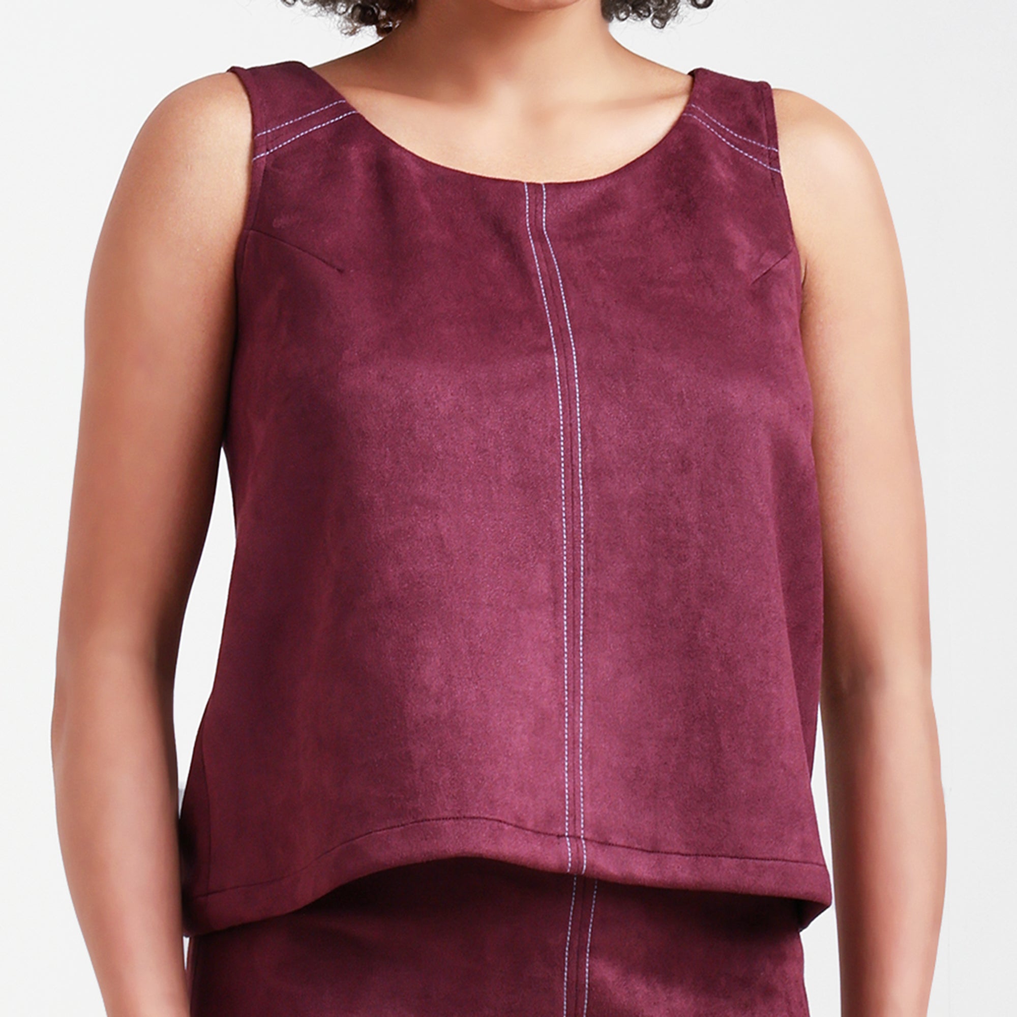 Wine Sleevless Top With Shoulder Top Stitch