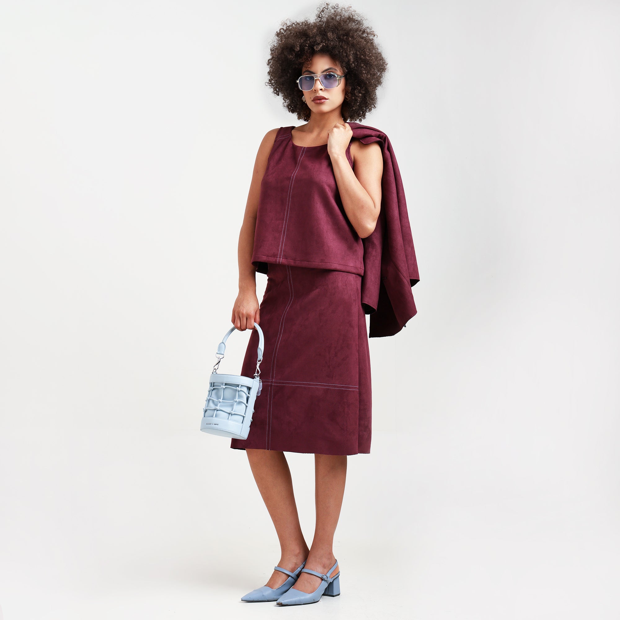Wine Suede Skirt With Top Stitch