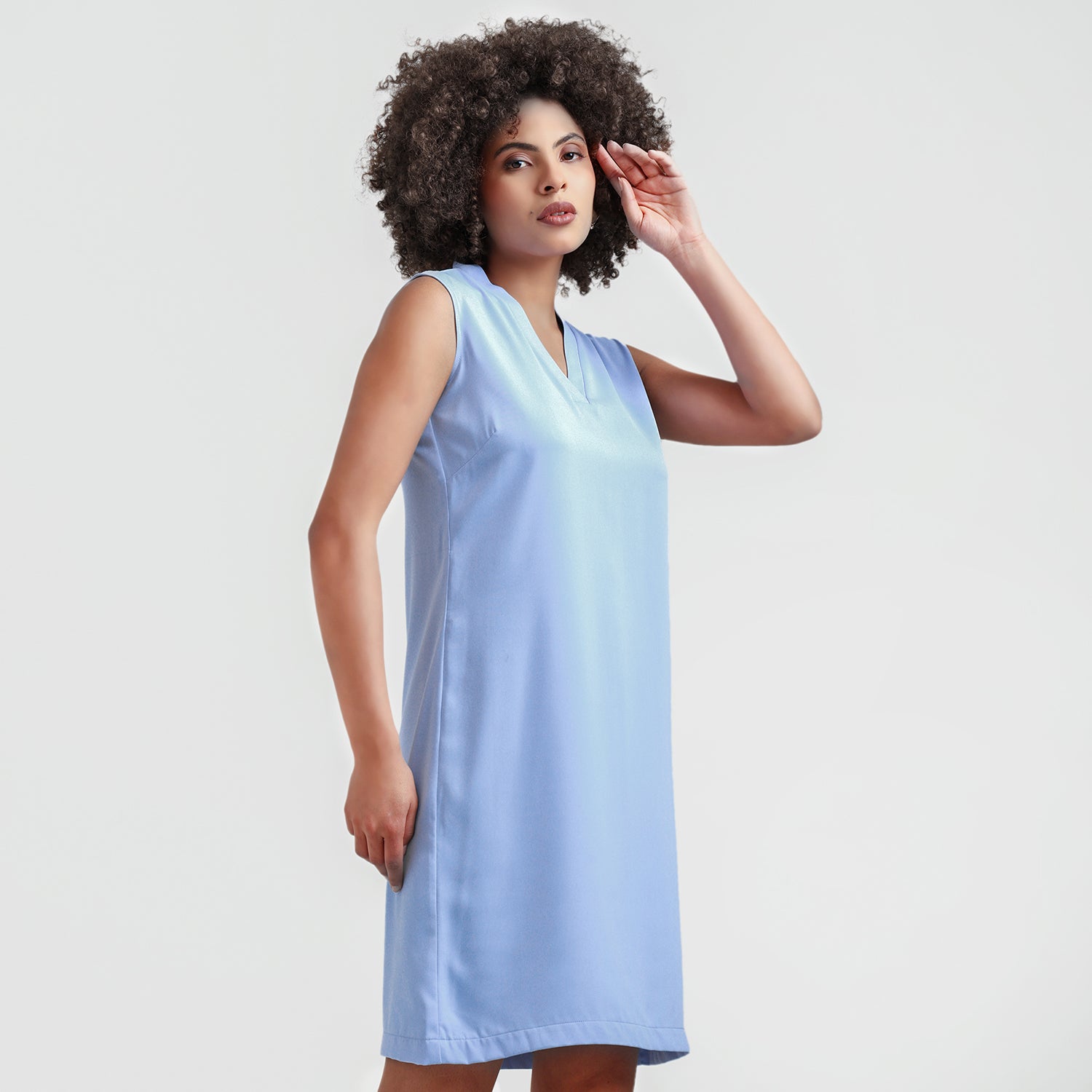 Blue V-Neck Crepe Dress