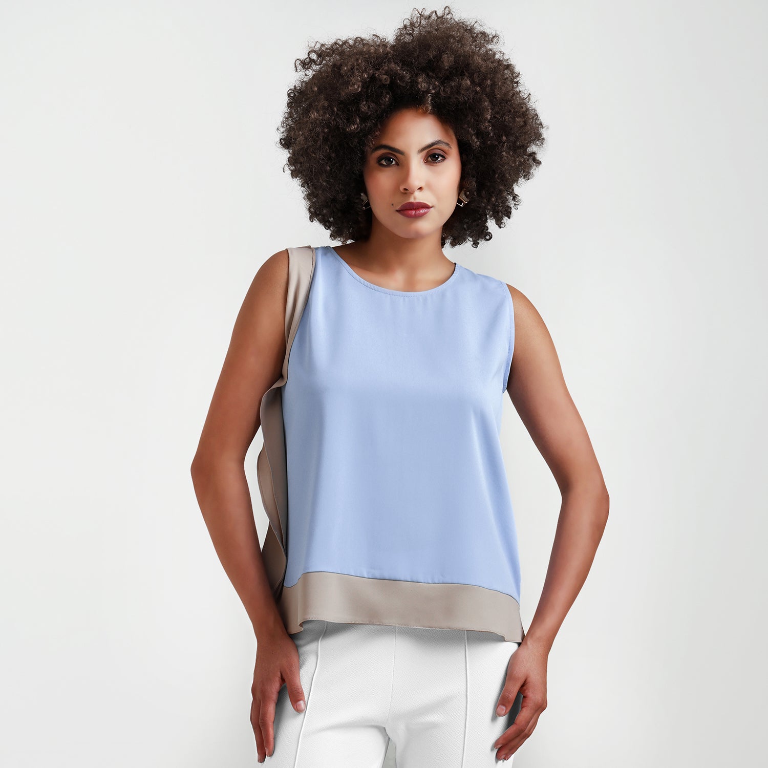Blue And Beige Crepe Side Frill Top