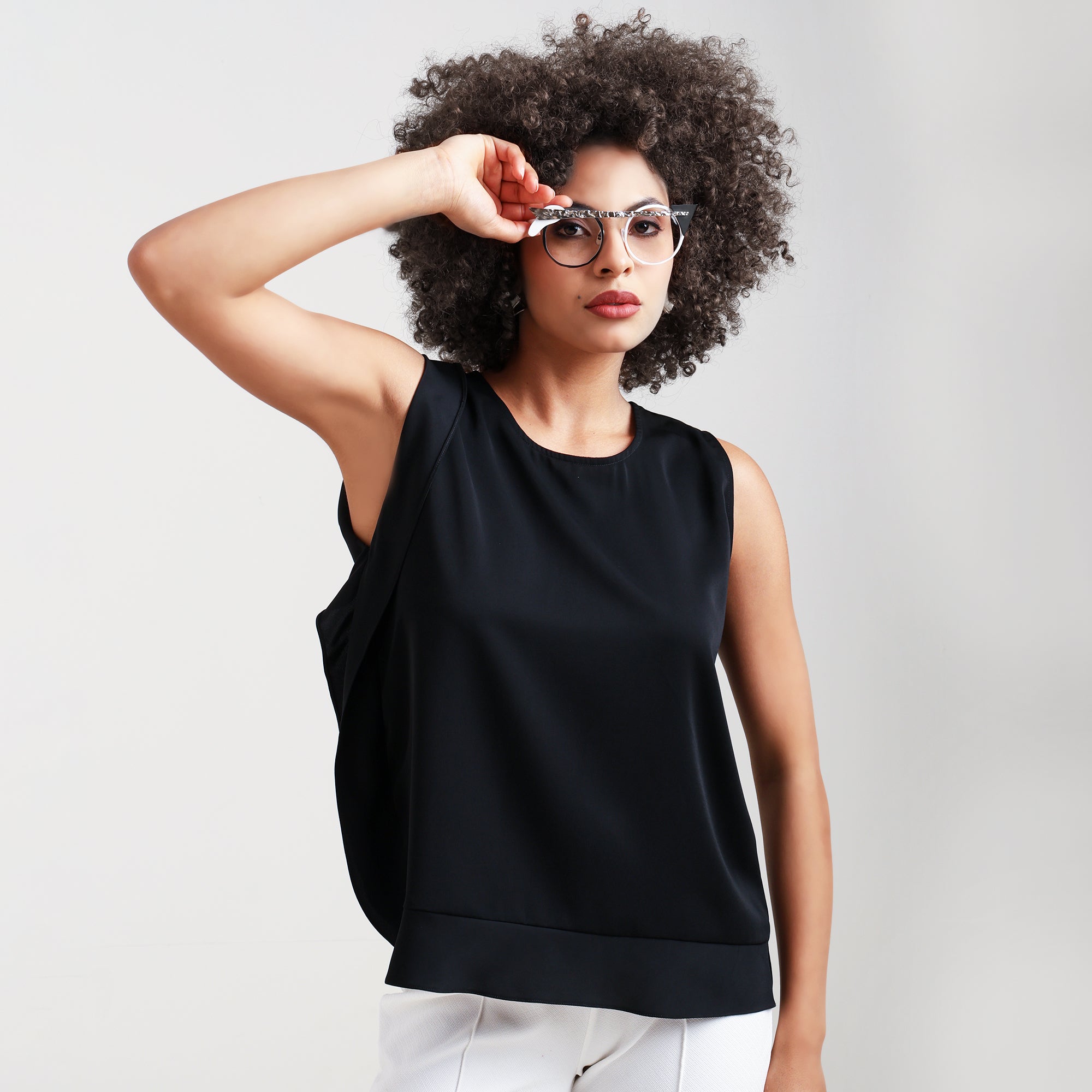 Black Crepe Side Frill Top