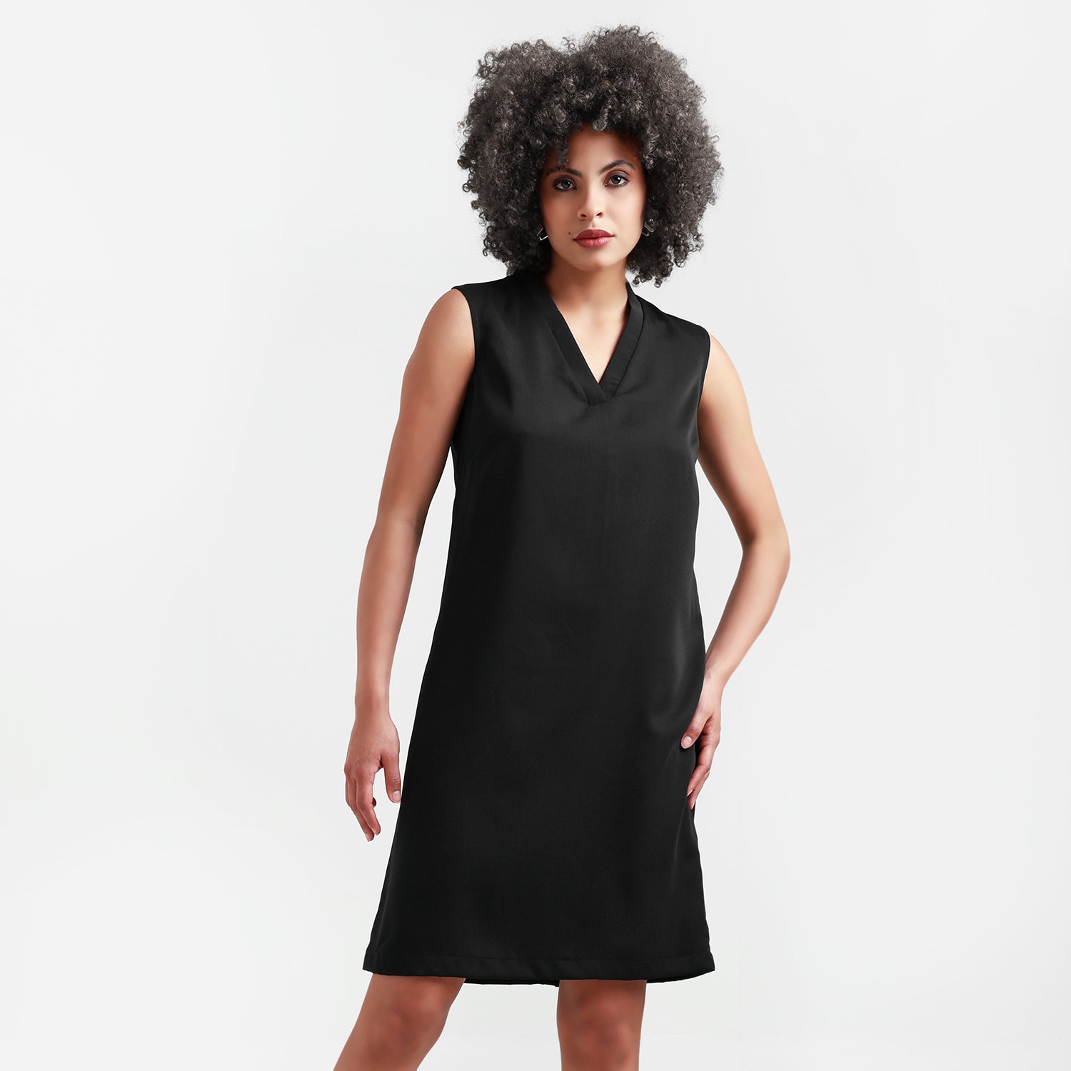 Black V-Neck Crepe Dress