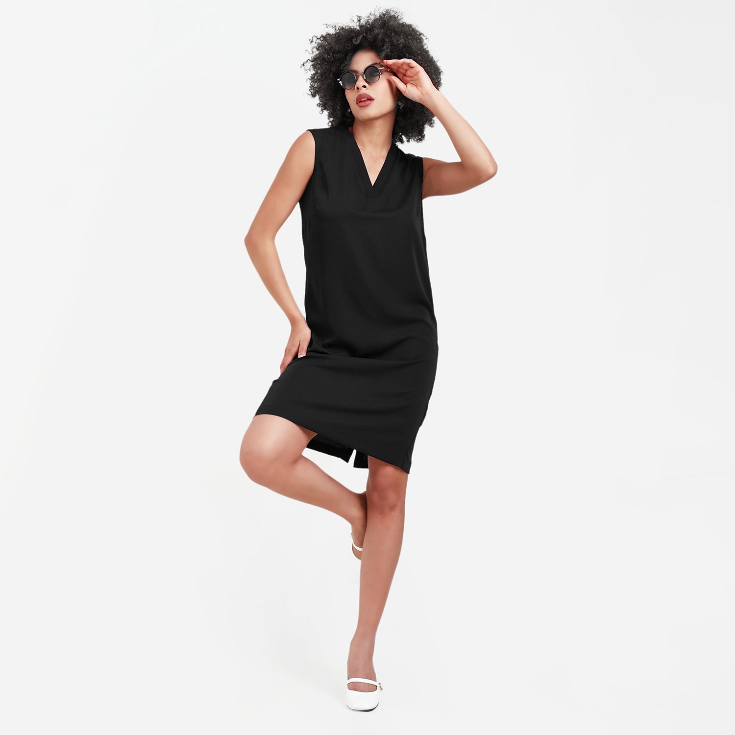 Black V-Neck Crepe Dress