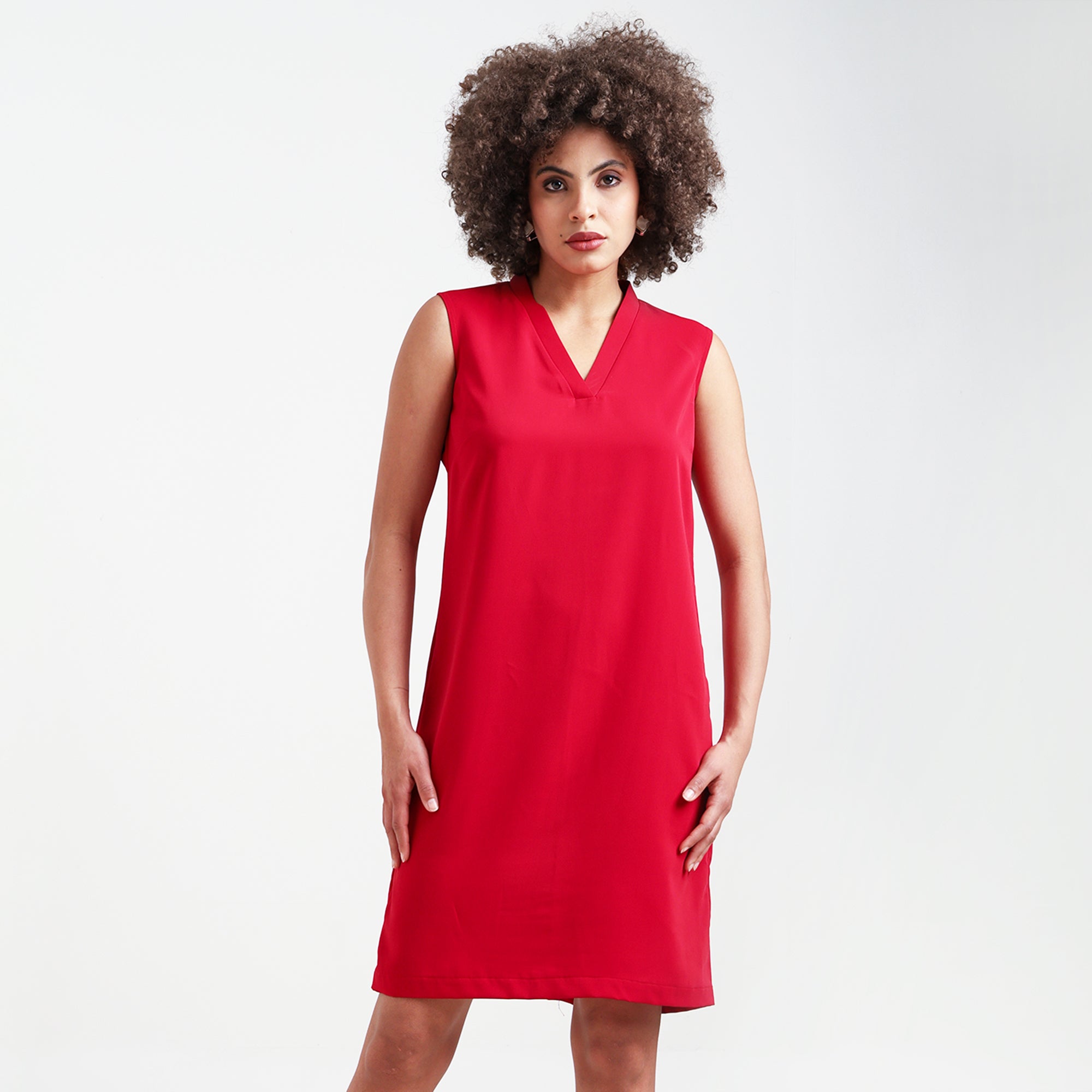 Red V-Neck Crepe Dress