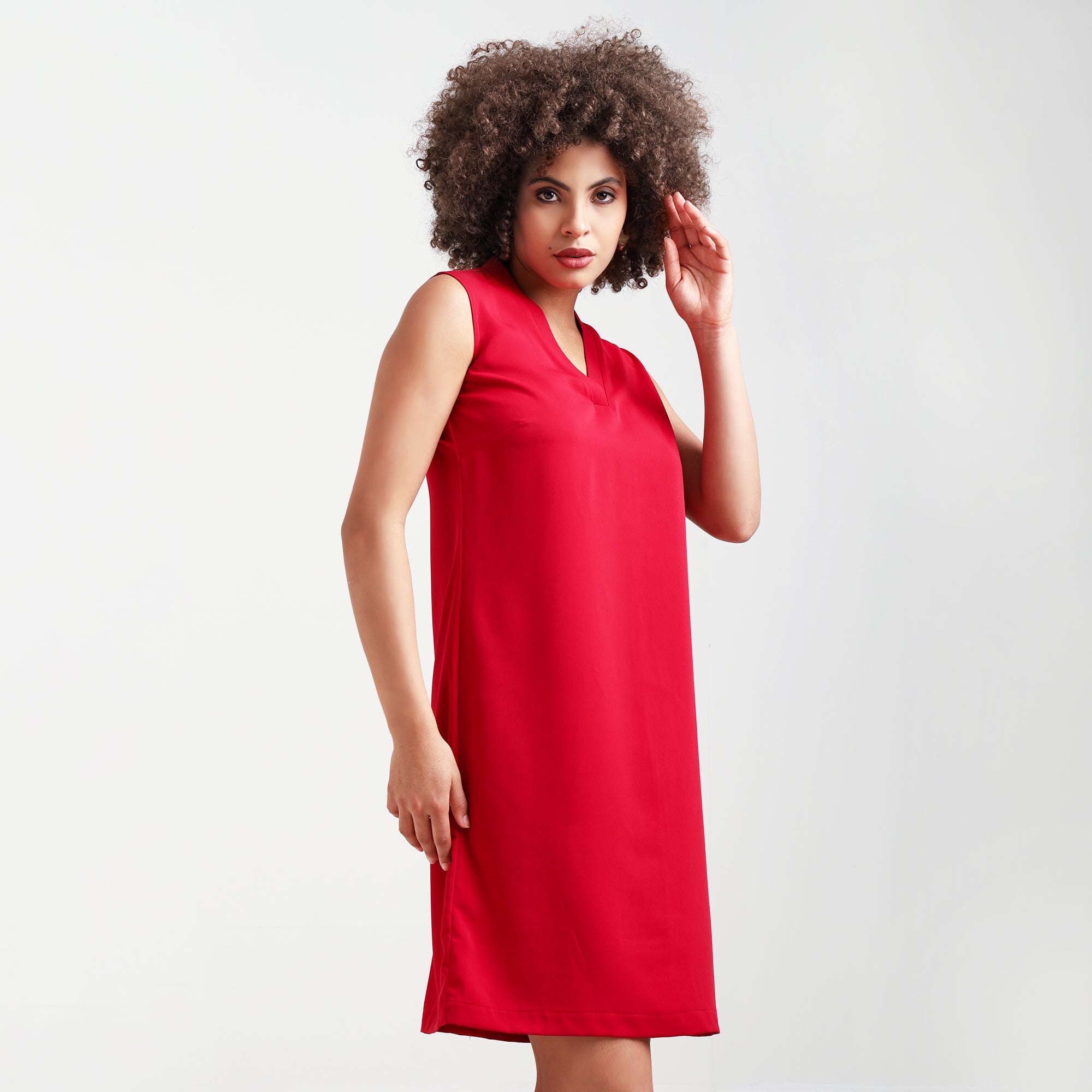 Red V-Neck Crepe Dress