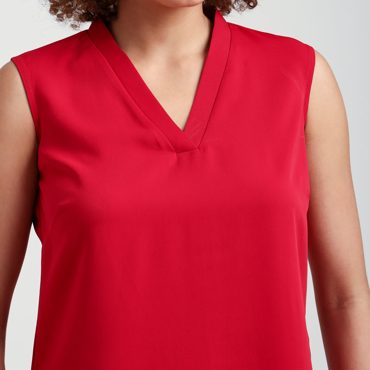 Red V-Neck Crepe Dress