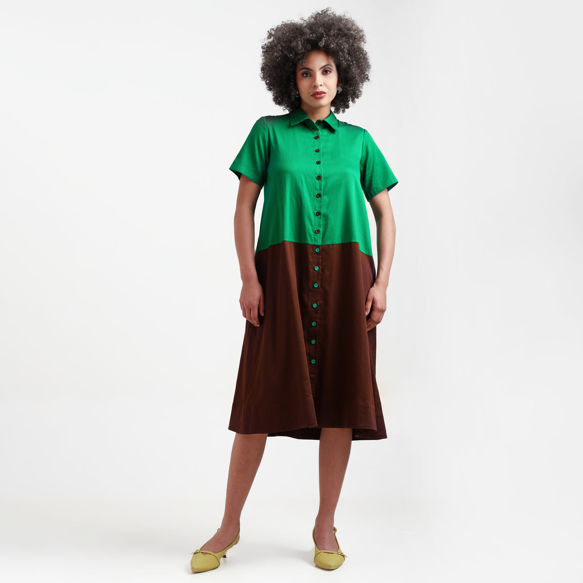 Green & Brown A-Line Cotton Dress