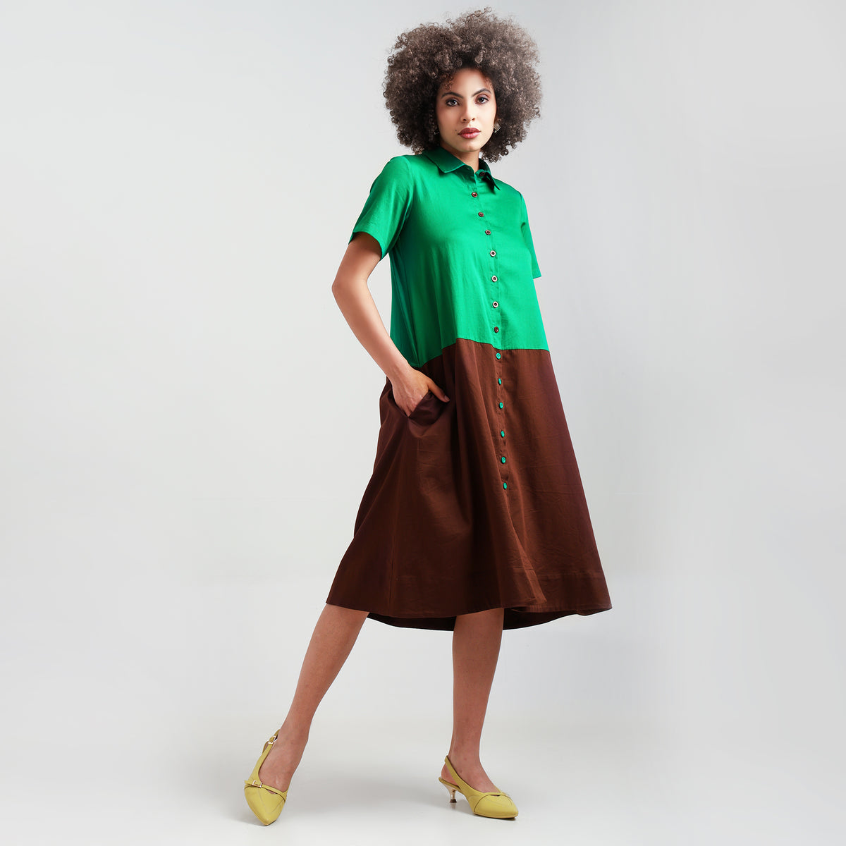 Green & Brown A-Line Cotton Dress