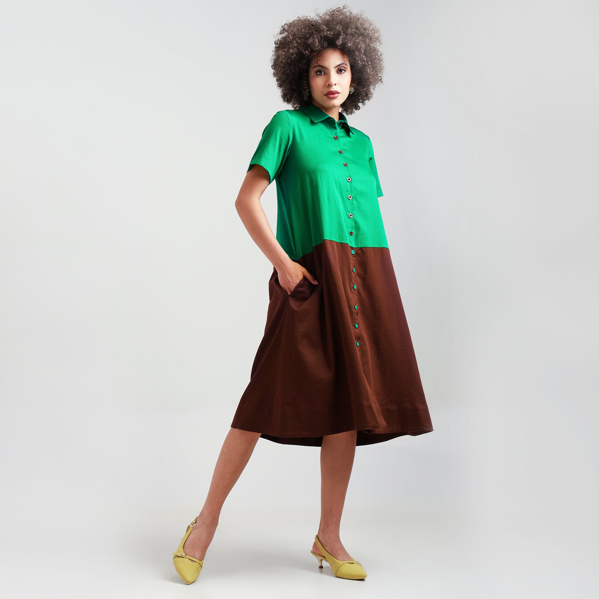 Green & Brown A-Line Cotton Dress