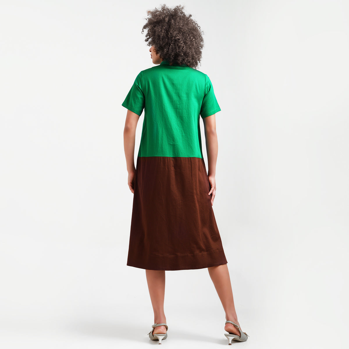 Green & Brown A-Line Cotton Dress