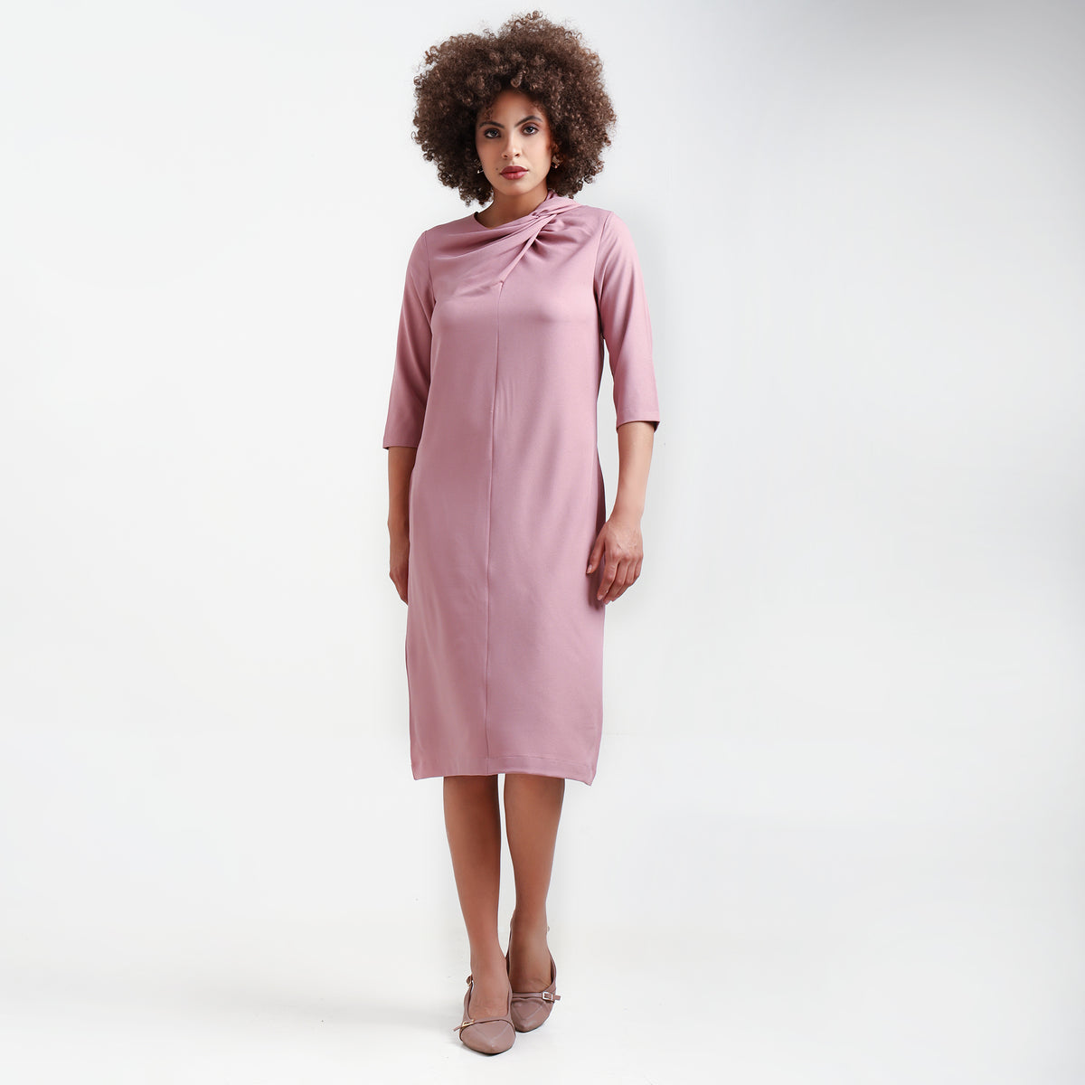 Peach Cowl Neck Drape Dress