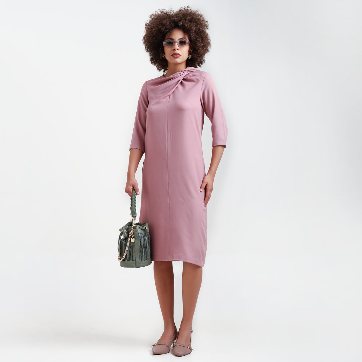 Peach Cowl Neck Drape Dress