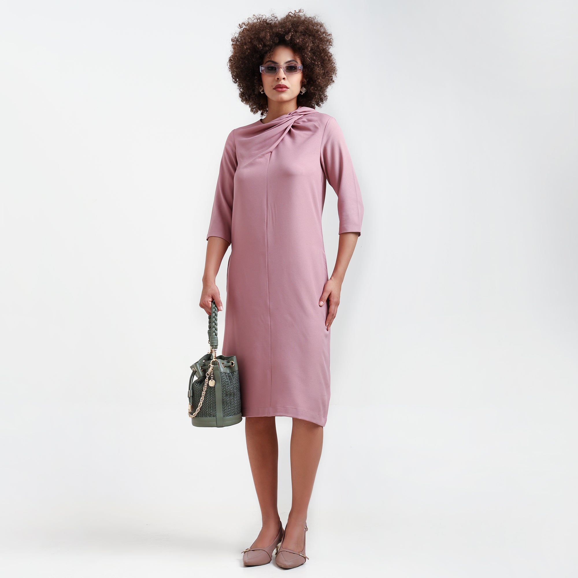 Peach Cowl Neck Drape Dress