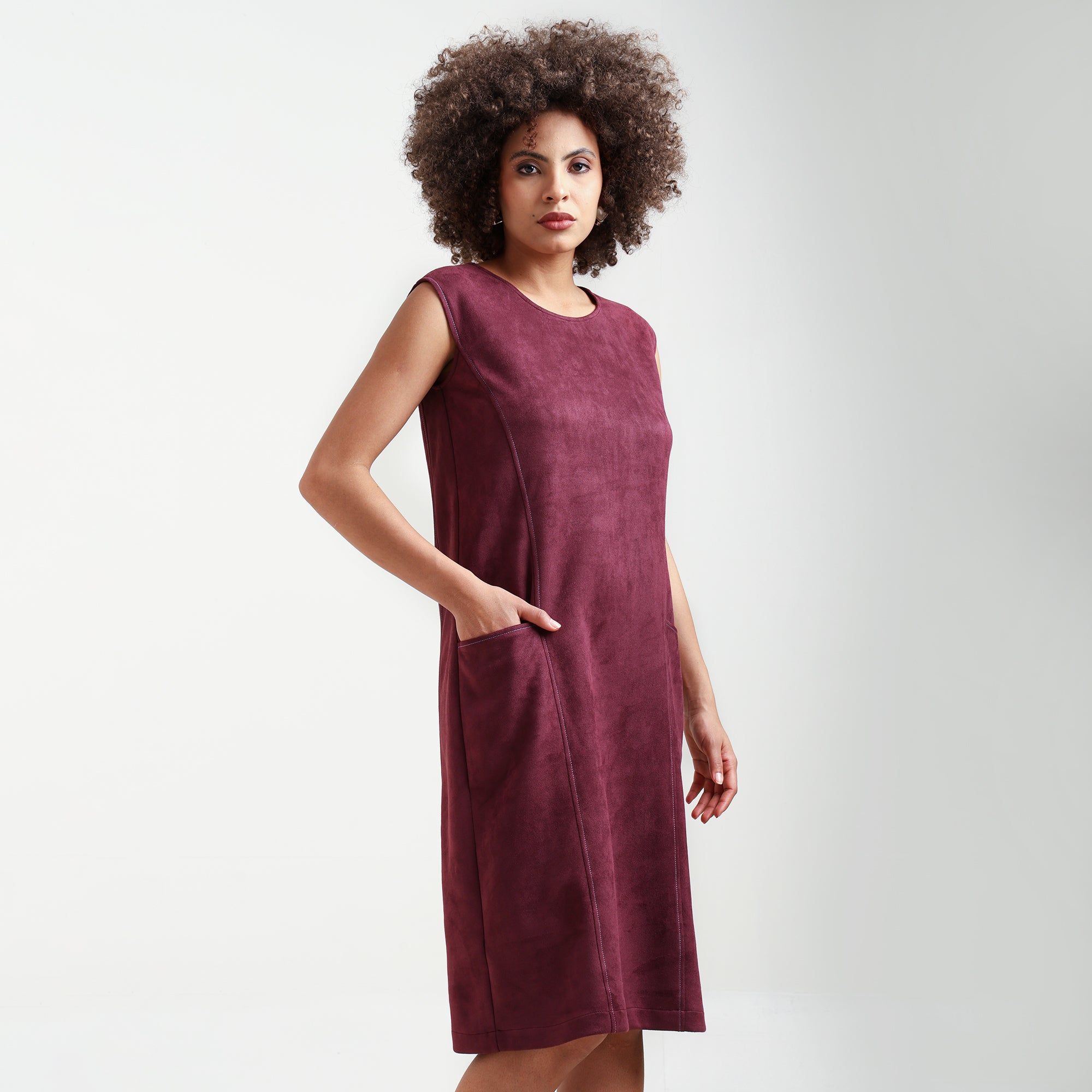 Wine Suede Dress With Pocket Top Stitch With Pocket