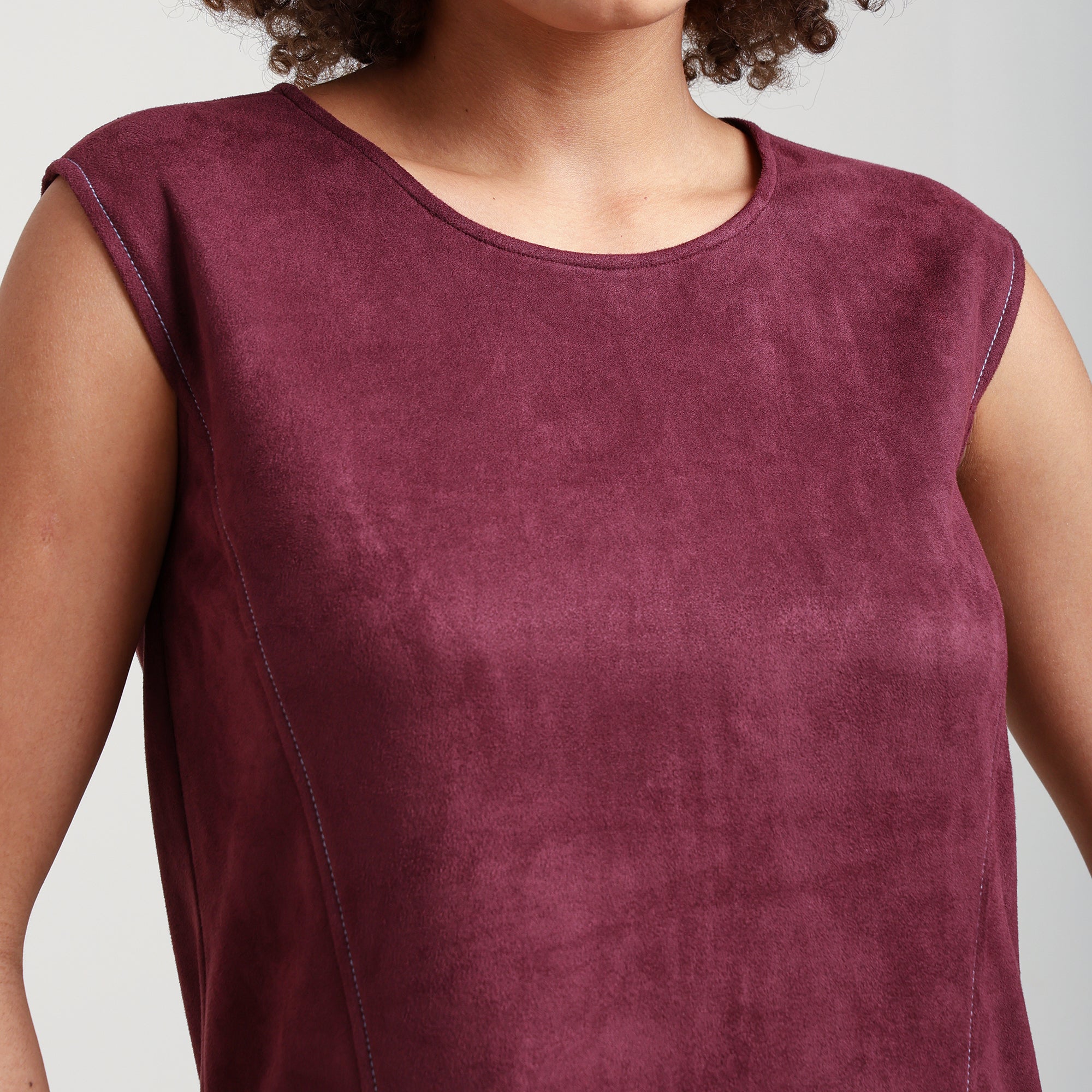 Wine Suede Dress With Pocket Top Stitch With Pocket