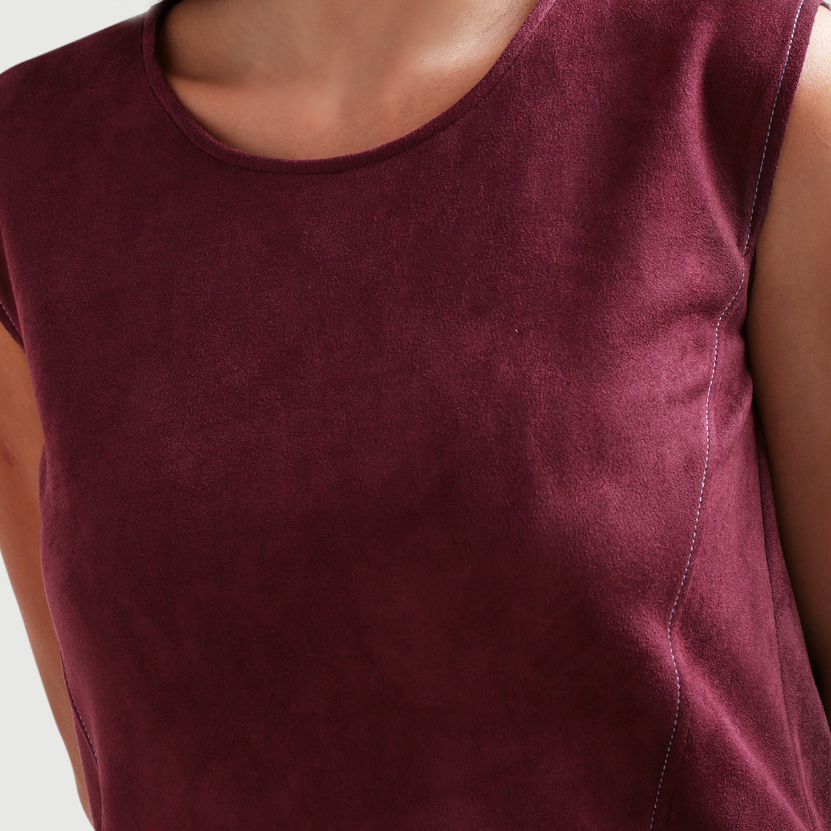 Wine Suede Dress With Pocket Top Stitch With Pocket