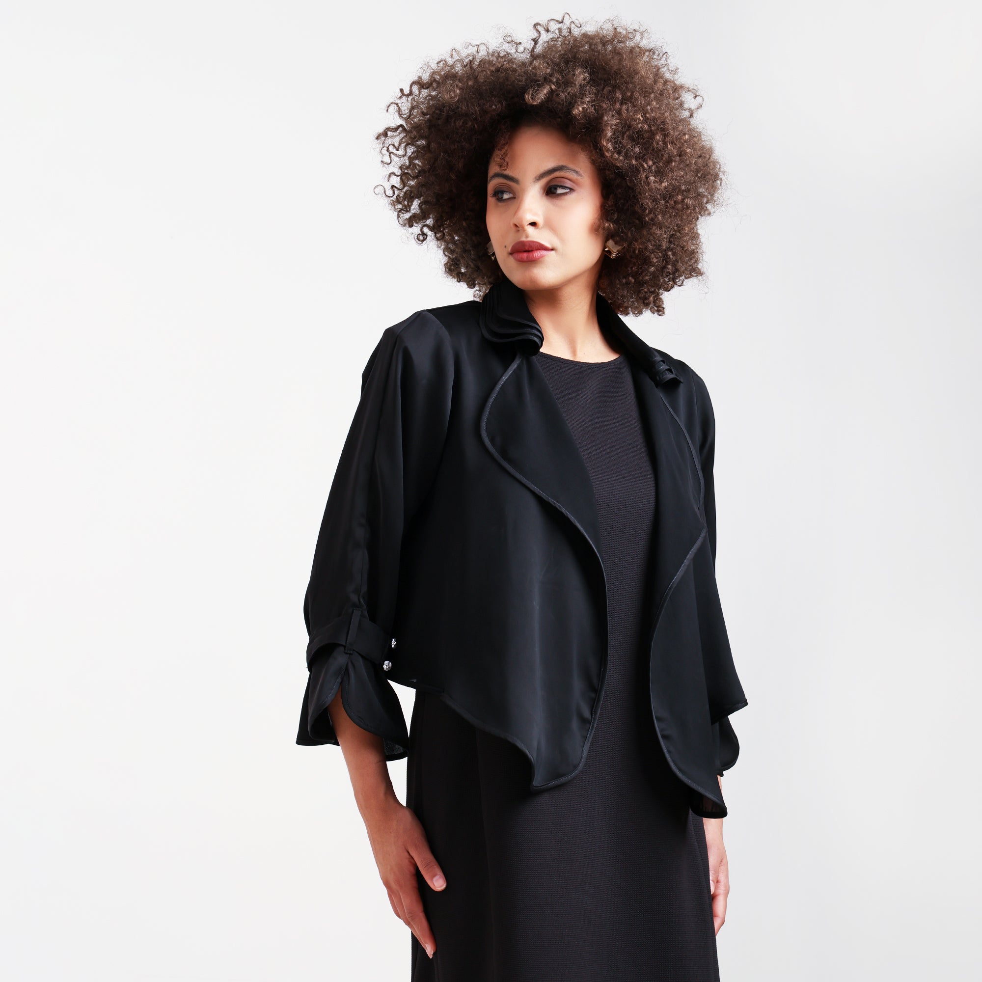 Black Satin Shrug With Layered Collar