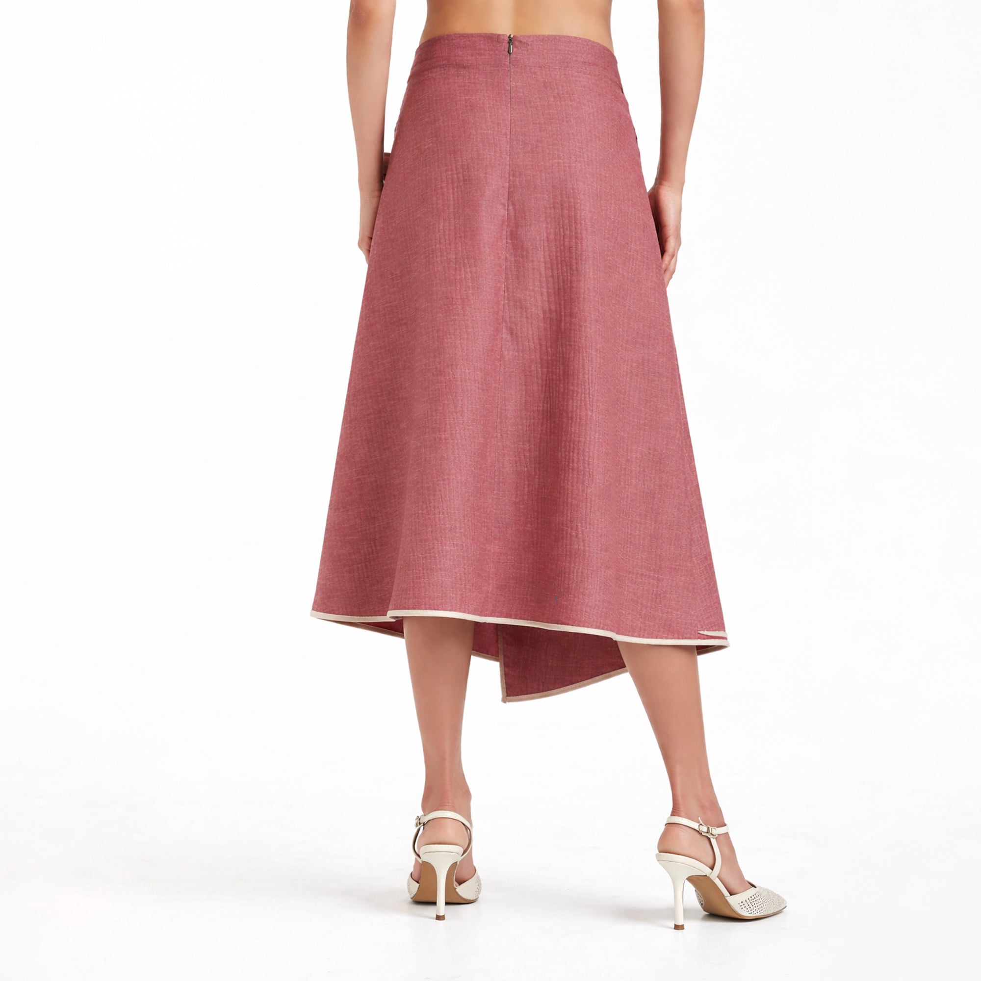 Peach Asymmetrical Textured Skirt With Off Beige Piping