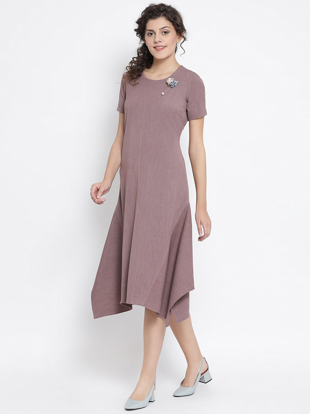 Vintage Pink Lycra Asymmetrical Dress With Pastle Blue & Pink Flower Brooch