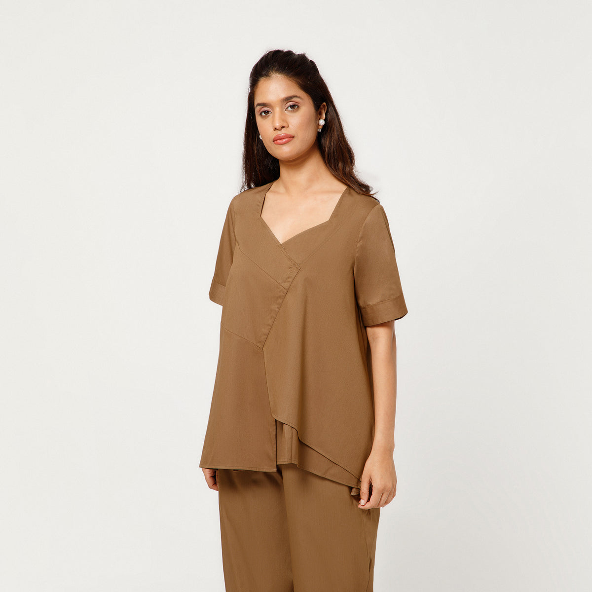 Brown Cotton Blend Draped A-Line Top