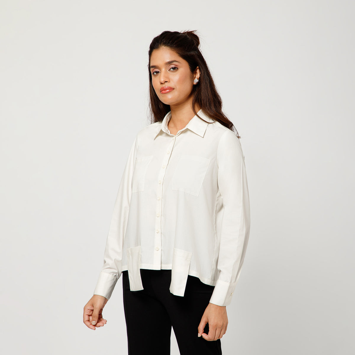 Off White Cotton Boxy Shirt With Visible Pocket