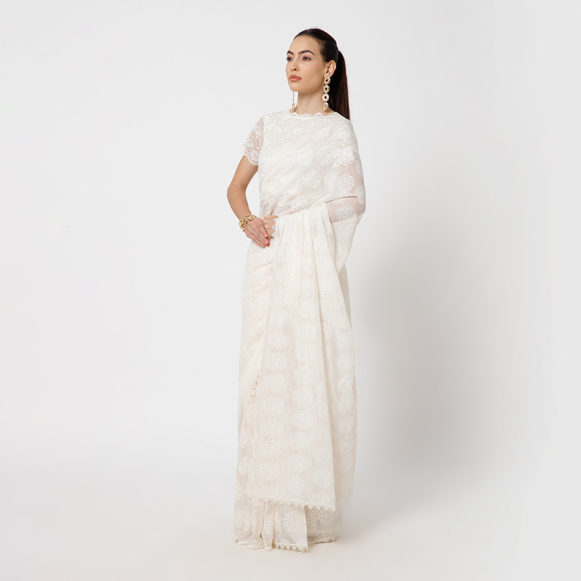 Off White Floral Embroidery Saree-3