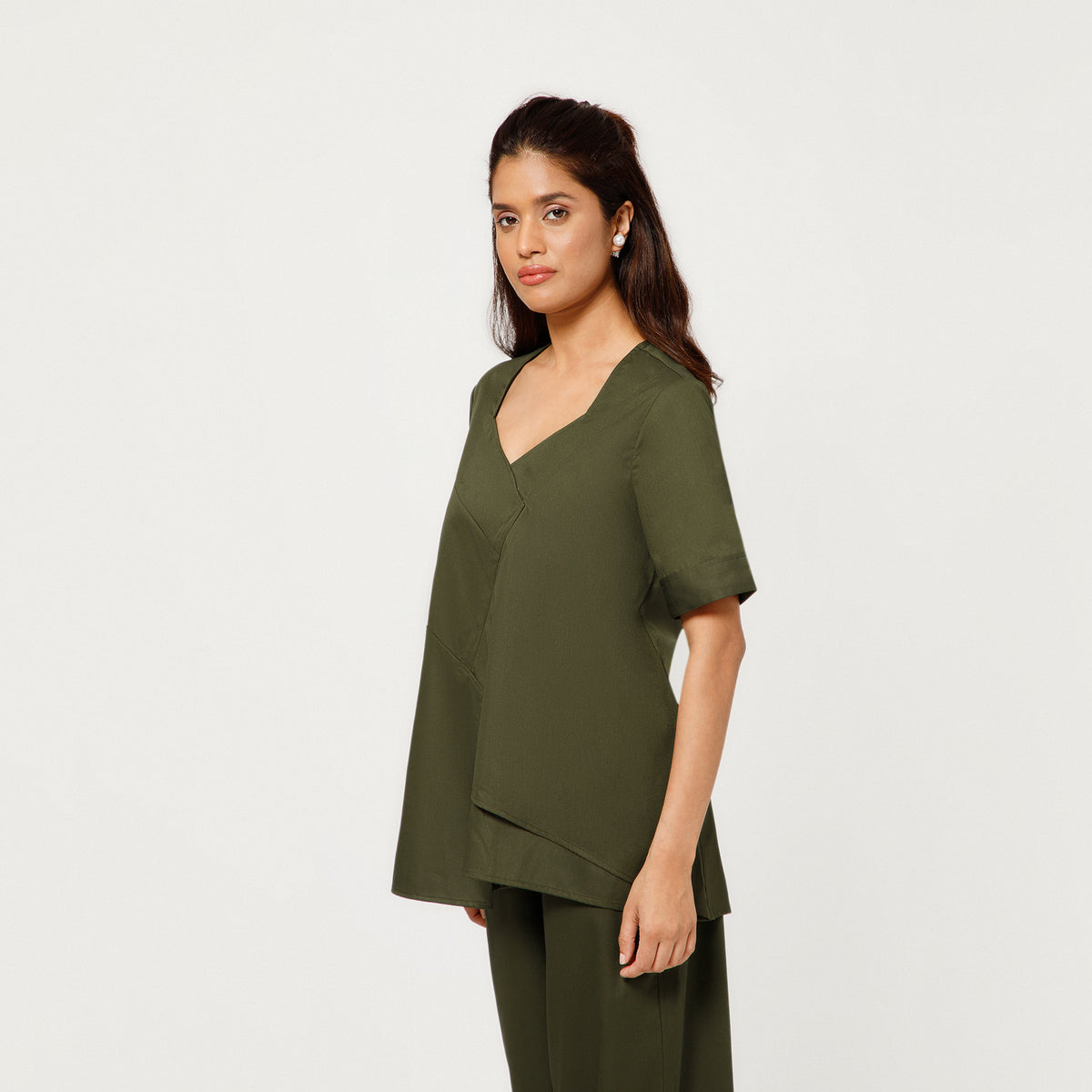 Olive Cotton Blend Draped A-Line Top