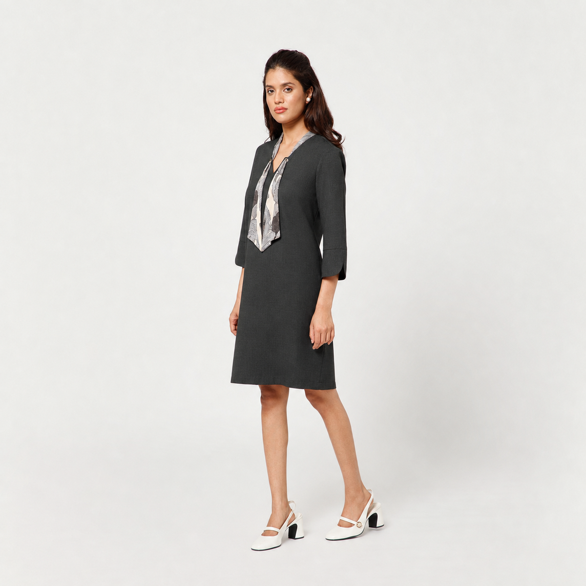 Dark Grey Dress With Tie Knot At Neck