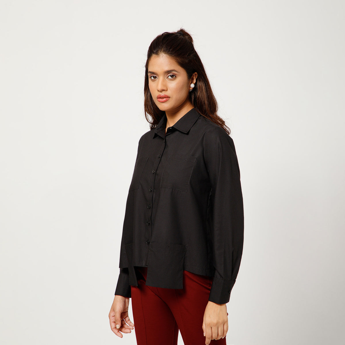 Black Cotton Boxy Shirt With Visible Pocket