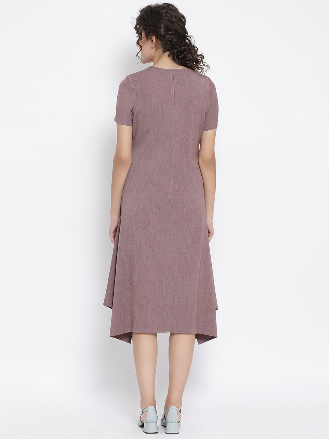 Vintage Pink Lycra Asymmetrical Dress With Pastle Blue & Pink Flower Brooch