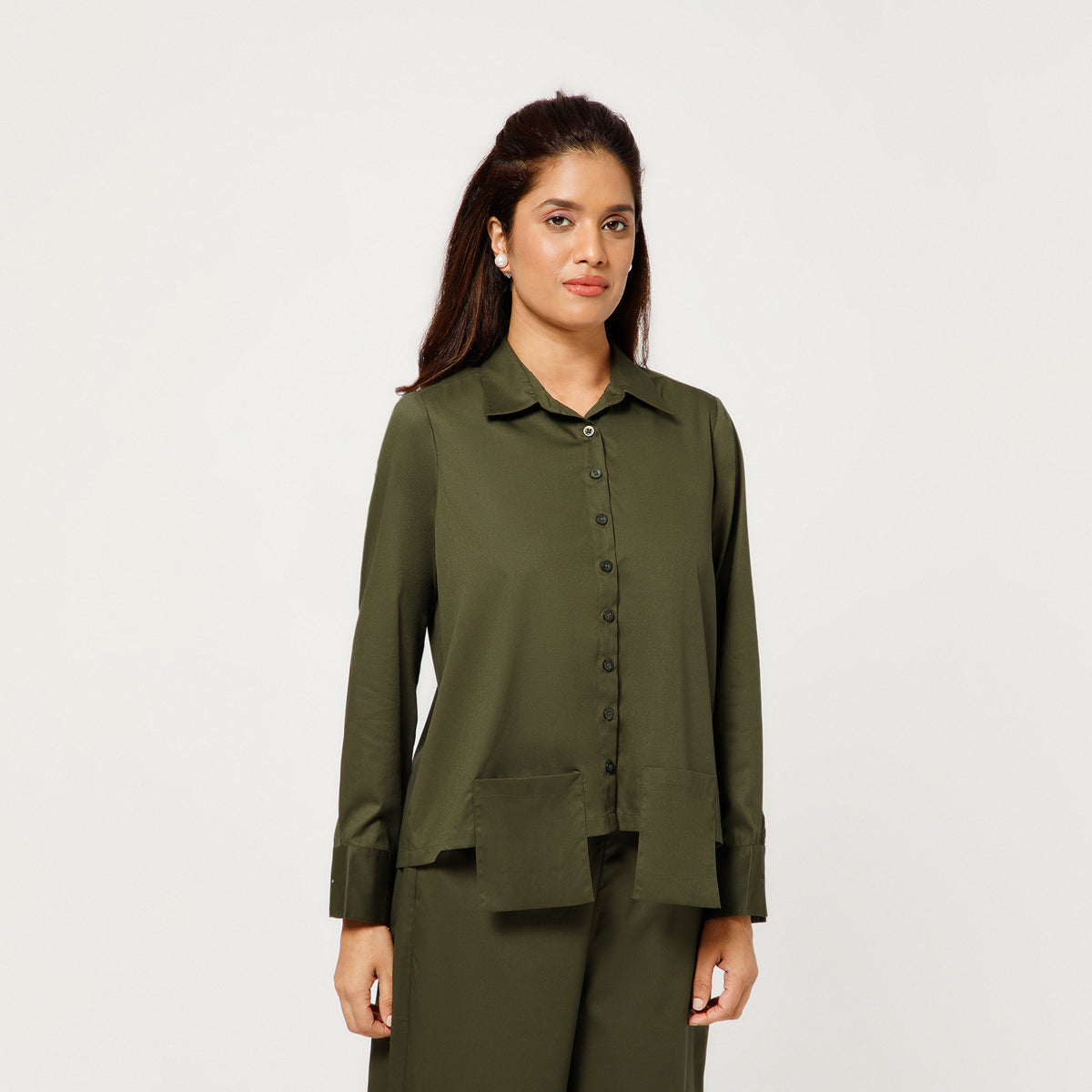 Olive Boxy Shirt With Visible Pocket