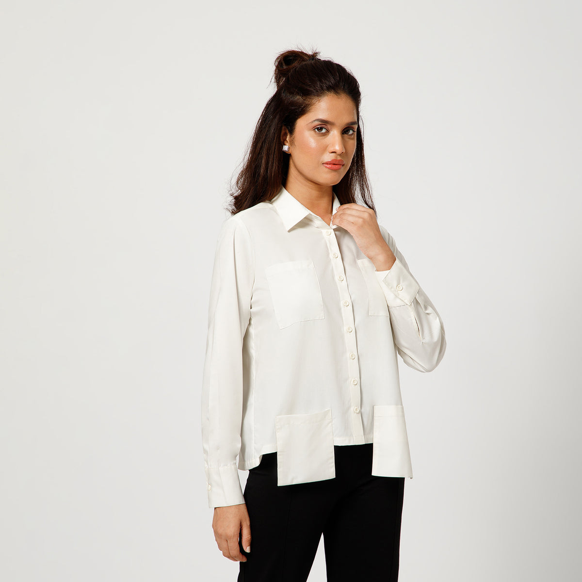 Off White Cotton Boxy Shirt With Visible Pocket
