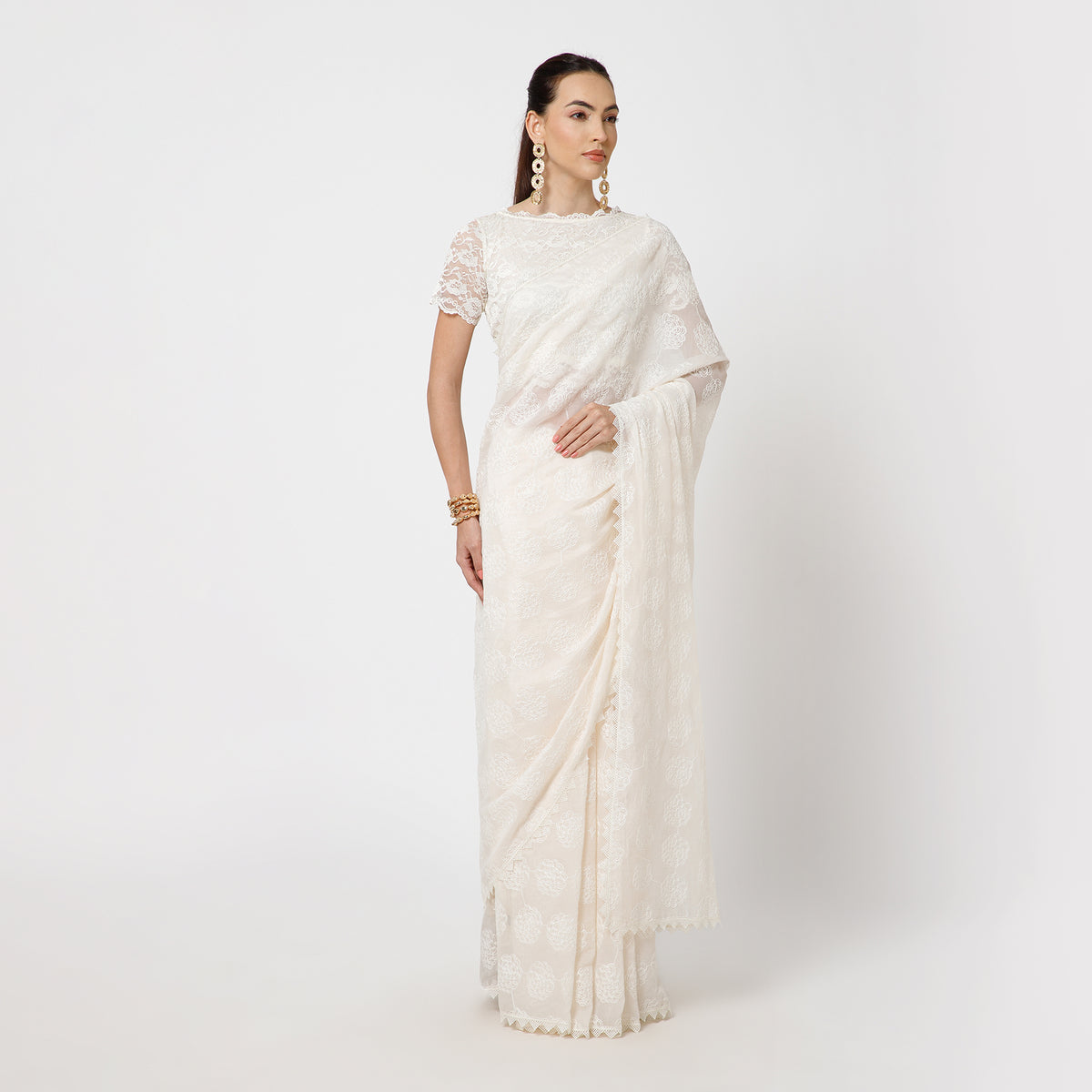 Off White Floral Embroidery Saree-4