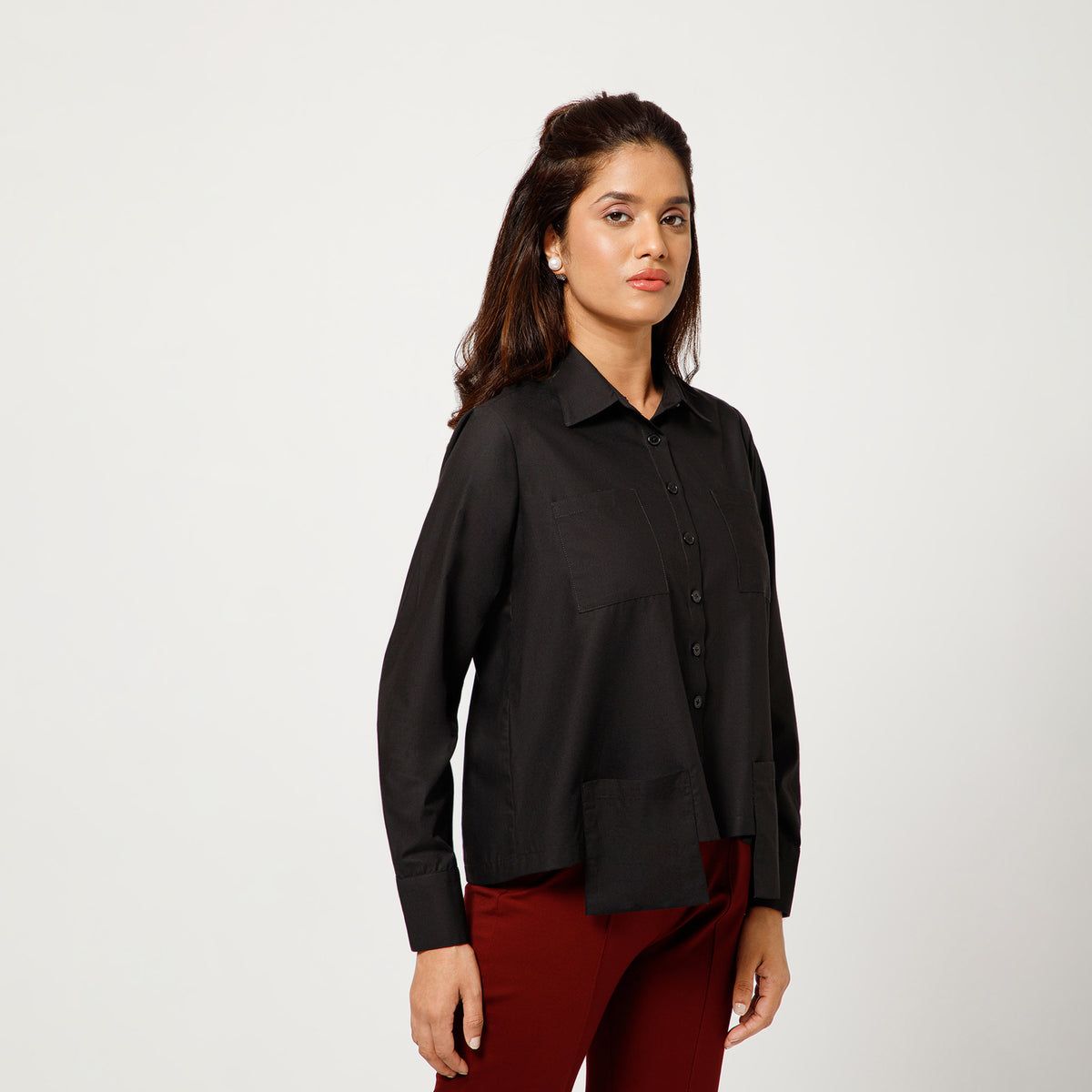 Black Cotton Boxy Shirt With Visible Pocket