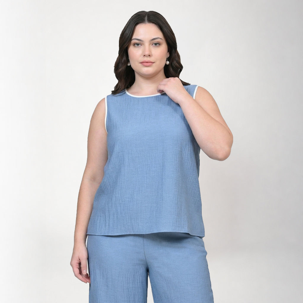 Blue Texture Line Without Sleeves Top