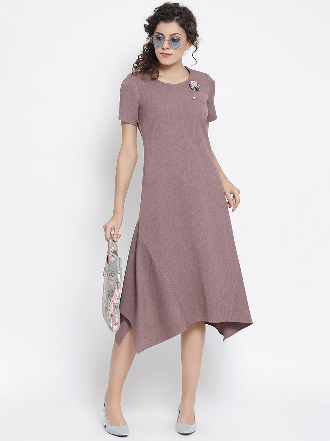 Vintage Pink Lycra Asymmetrical Dress With Pastle Blue & Pink Flower Brooch