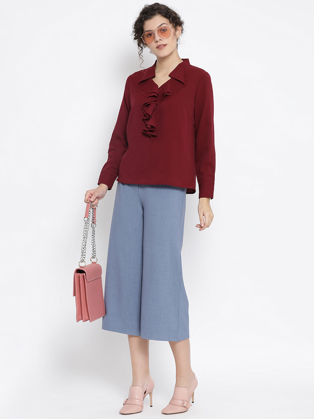 กางเกงขายาวผ้าเครปลายทางสีดำและสีขาว