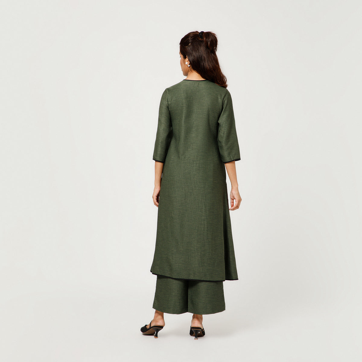 Olive Green Textured A-Line Kurta With Black Piping