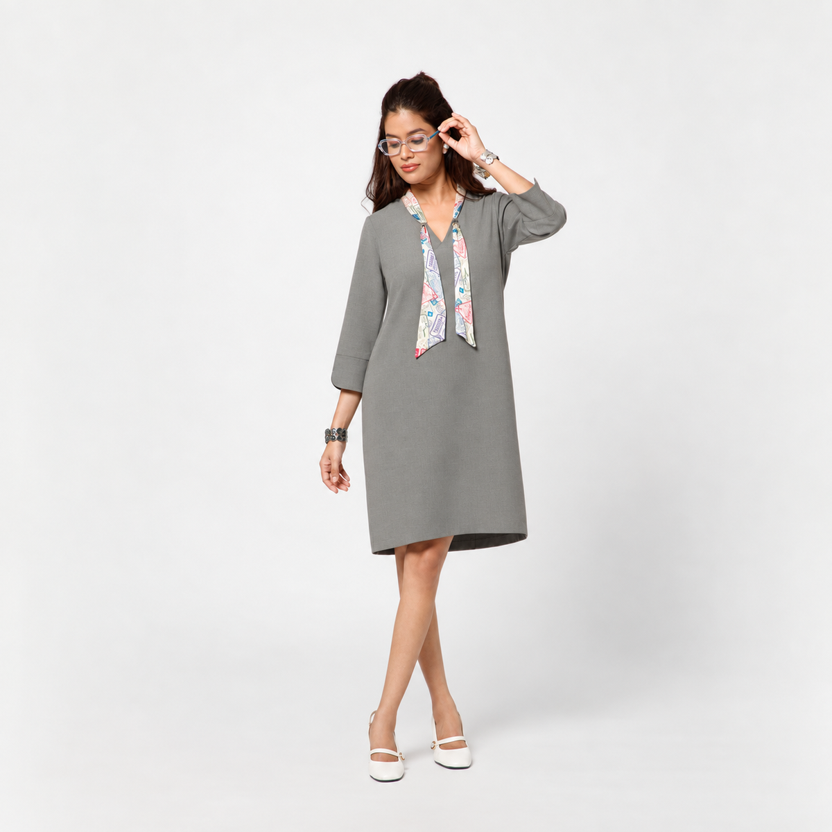 Light Grey Dress With Tie Knot At Neck