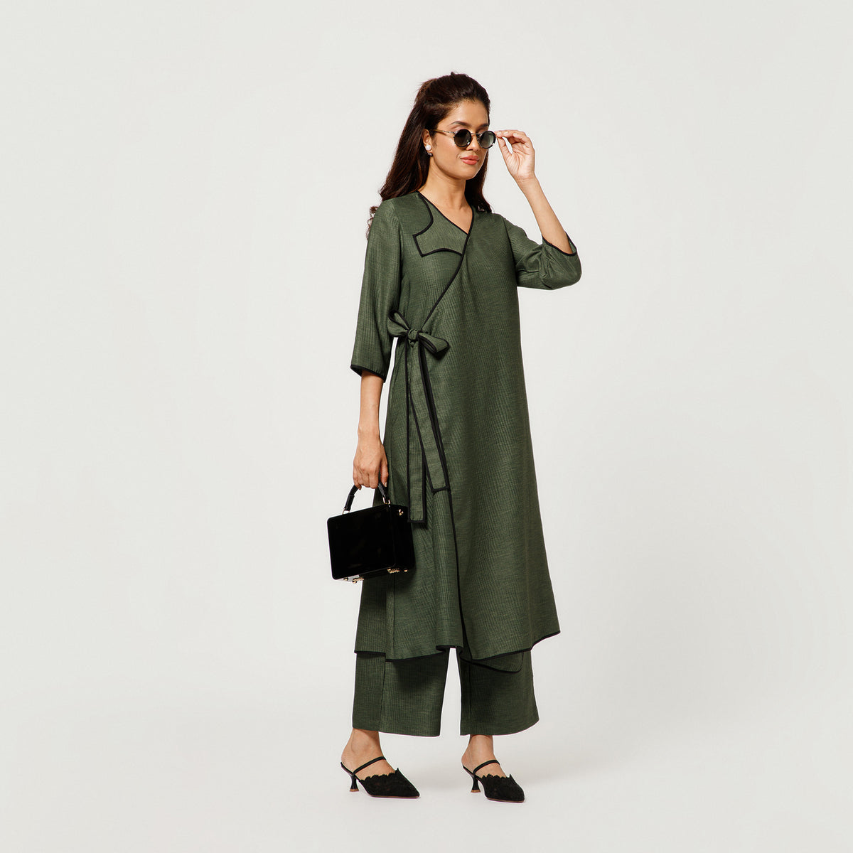 Olive Green Textured A-Line Kurta With Black Piping